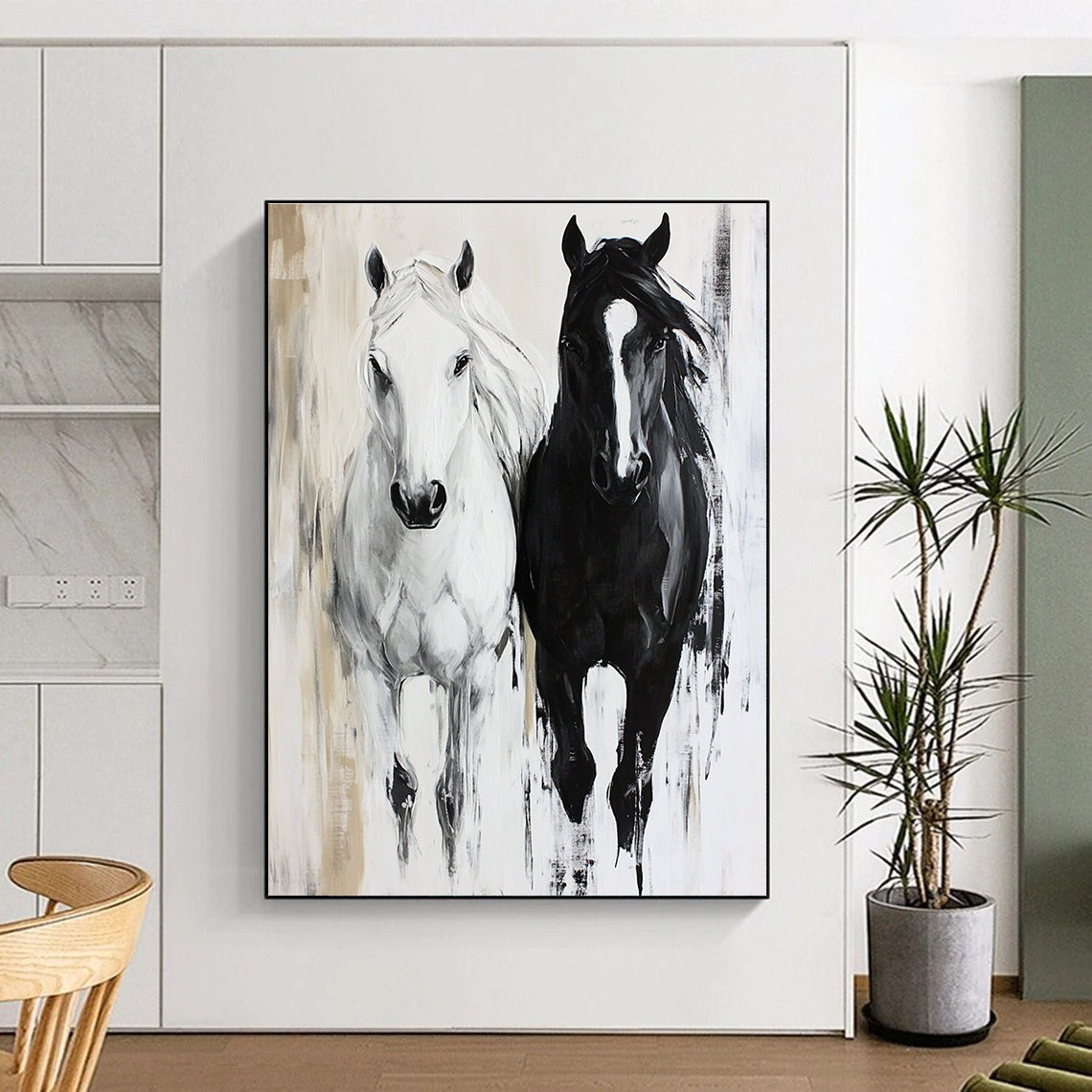 Large Abstract Painting Featuring Two Horses A White and a Black Horse in a Unique Artistic Expression.STSC1452