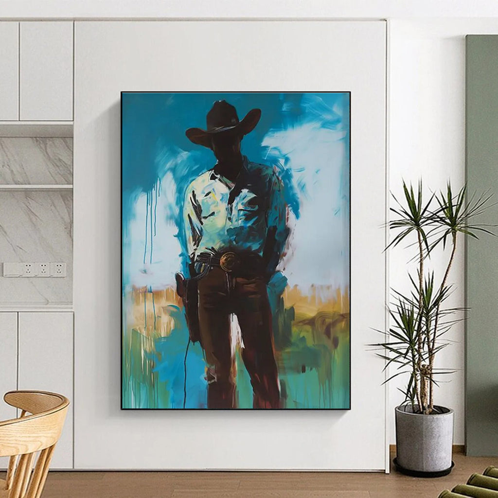 Silhouetted Cowboy in Blue Abstract Painting ADGE102