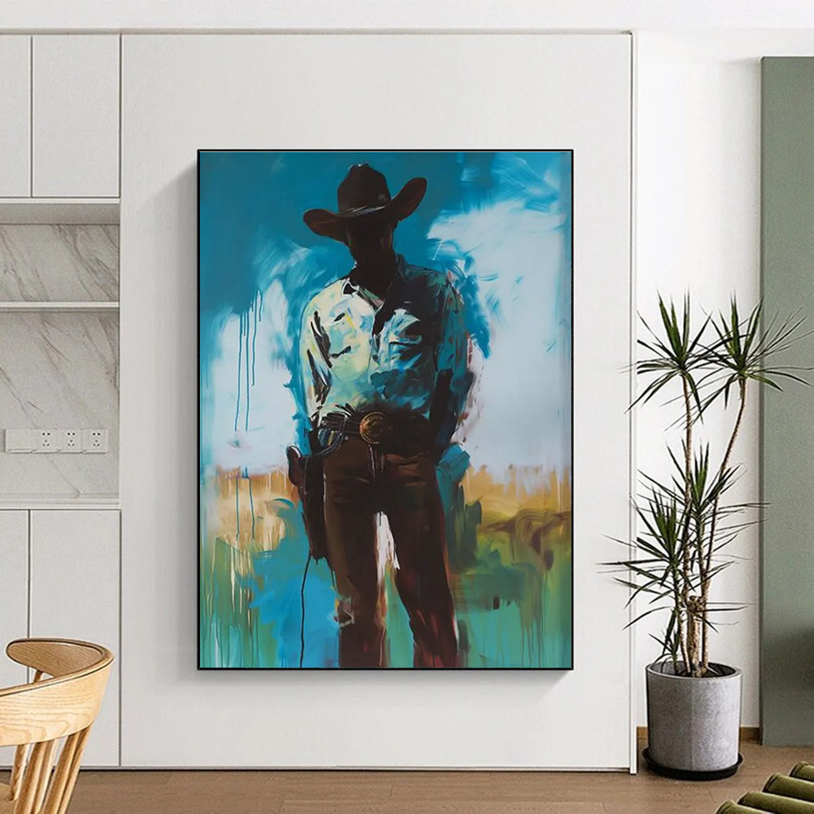 Silhouetted Cowboy in Blue Abstract Painting ADGE102