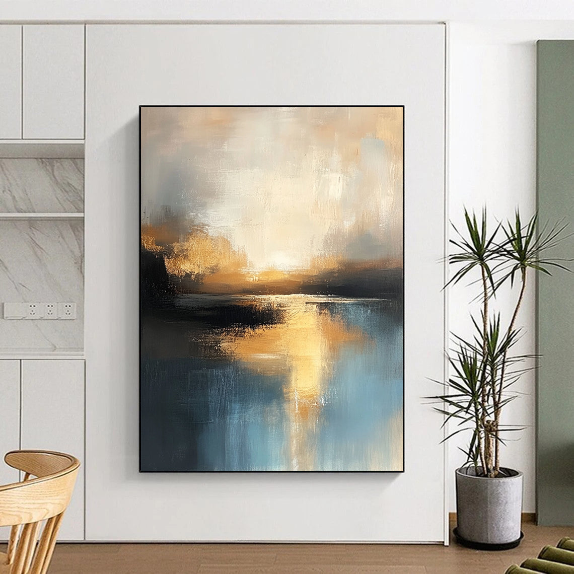 Large abstract oil painting of the sea in muted light blue and dark beige hues capturing the golden hour with textured brushstrokes and reflective water.STSC198