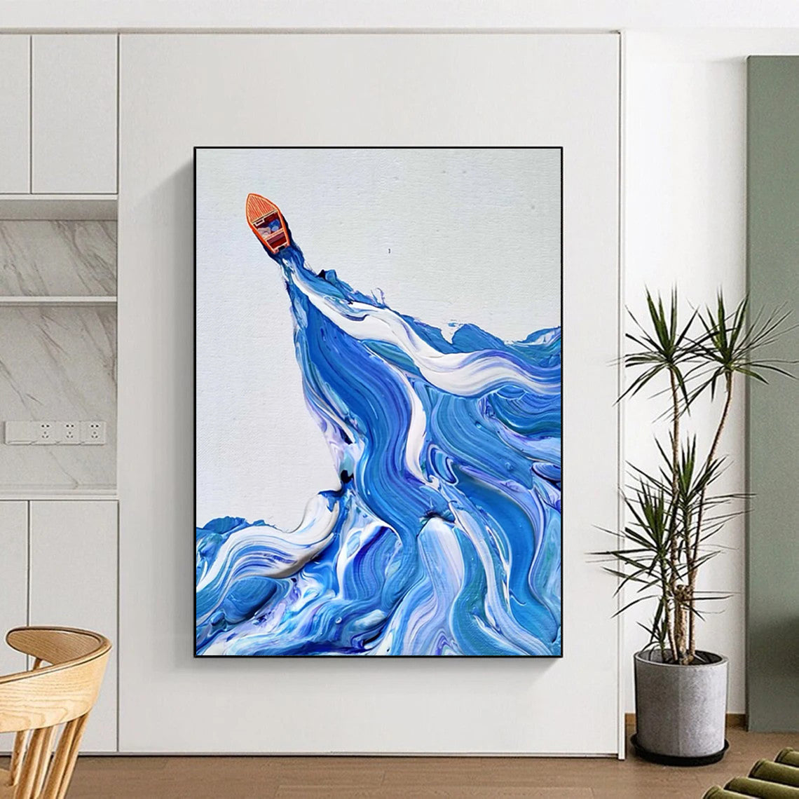 Blue and White Wave Boat Abstract Painting with Textured Seas ADGE321