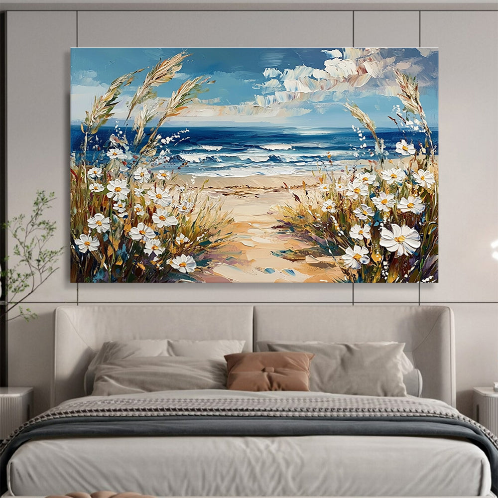 Large abstract painting of the sea with wildflower-covered beach and daisies under a blue sky capturing nature's beauty.SC420