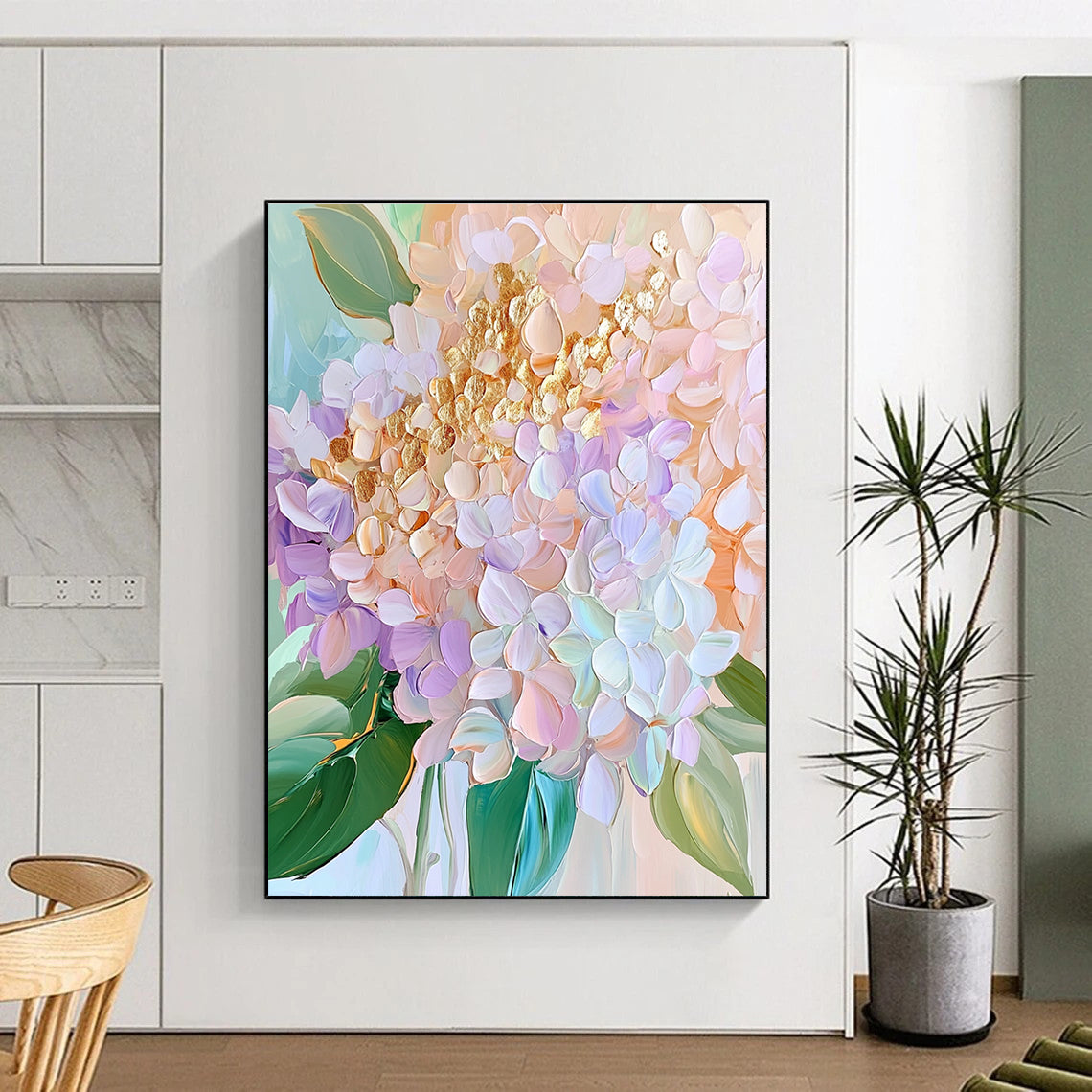 Large abstract painting of pastel hydrangeas featuring golden petals and delicate textures in soft pinks greens and blues.STSC1153