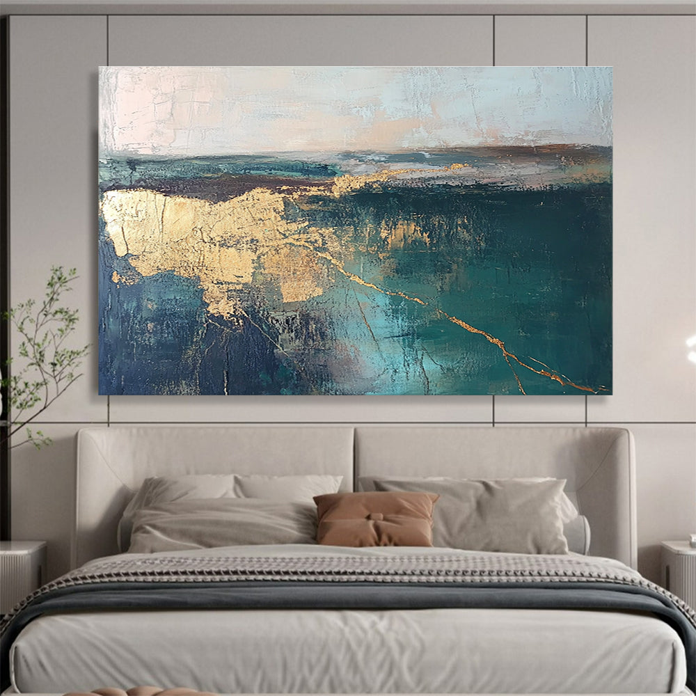 Large abstract painting featuring a green and blue lake landscape with golden cracks in neutral tones, perfect for modern decor.SC113