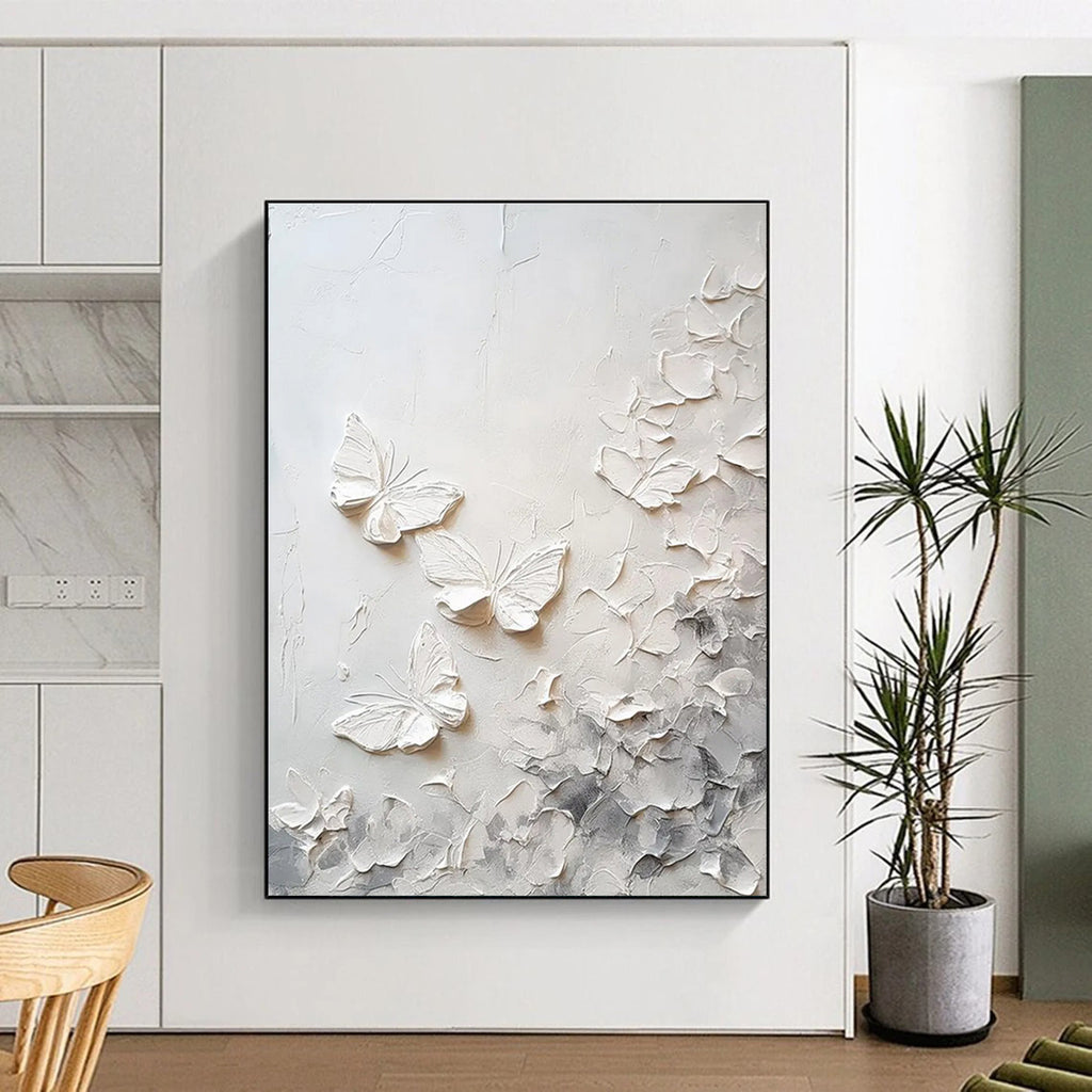 White Textured Butterflies Abstract Painting with Subtle Gray Tones ADGE448