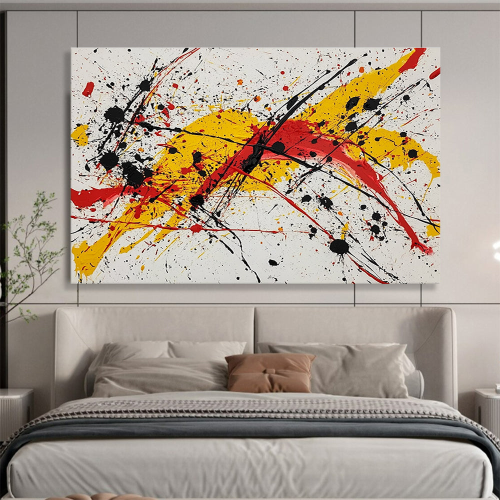 Large abstract painting featuring vibrant red yellow and black splashes evoking energy and freedom through dynamic brushstrokes and harmonious chaos.SC570
