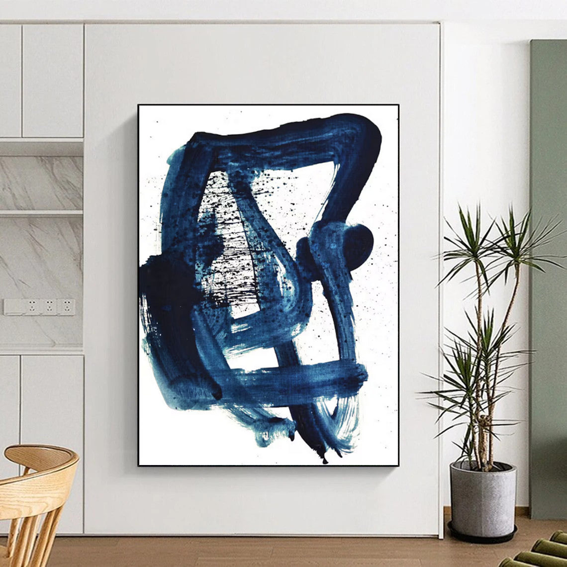 Dark Blue Dynamic Brushstrokes Abstract Painting ADGE161