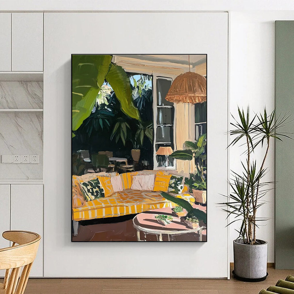 Indoor Outdoor Living Scene Painting with Warm Yellow Tones ADGE435