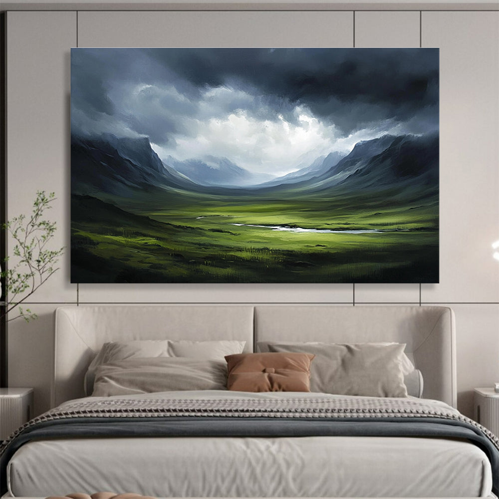 Mountain Valley Storm Dramatic Abstract Painting with Dark and Green Tones DYP604