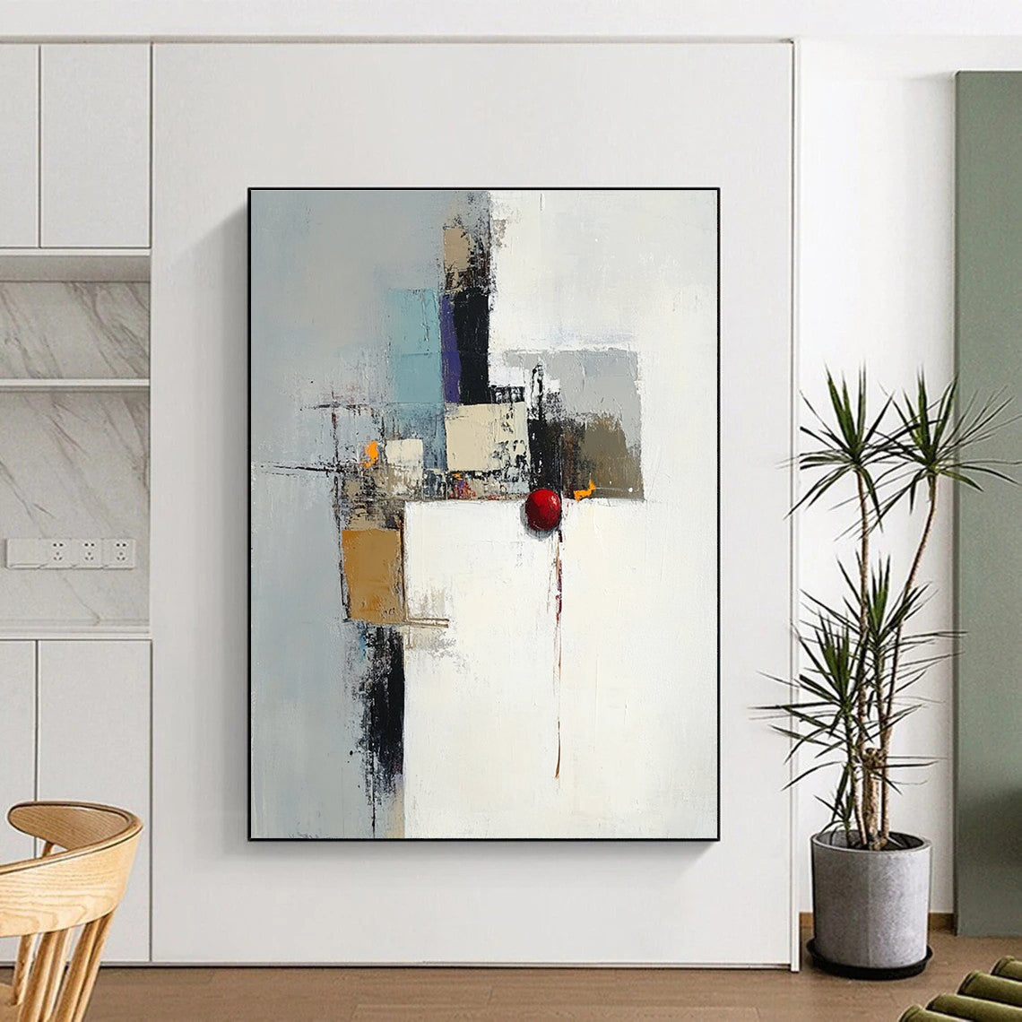 Large abstract painting in white gray and brown featuring a red object with an industrial cityscape in the background and expressive brush strokes.STSC615
