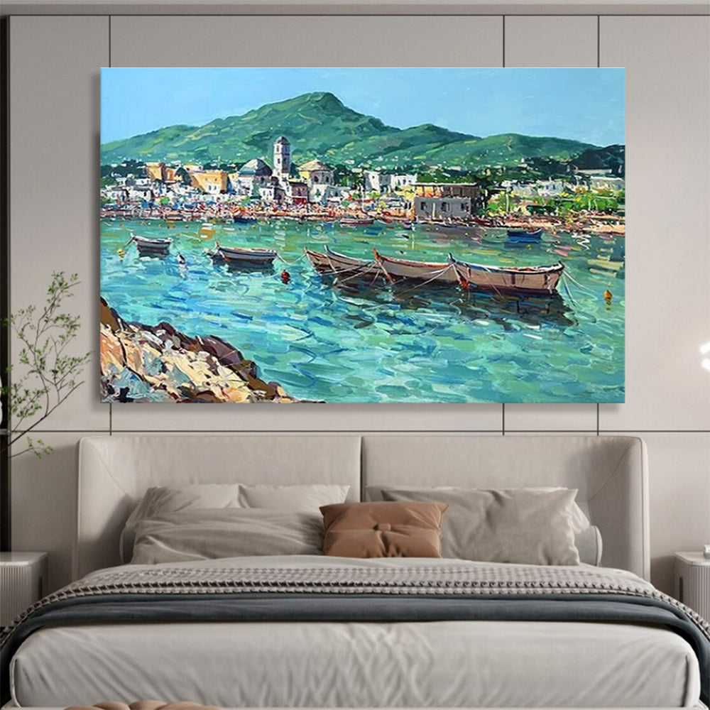 Blue Green Coastal Village Abstract Painting THY467