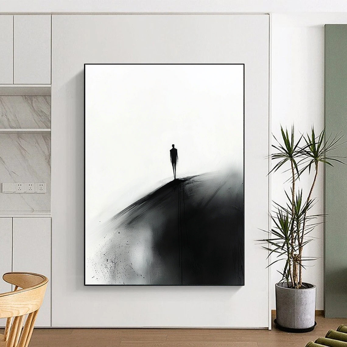 Abstract painting featuring a small silhouette of a man in black walking towards the viewer on a hill against a white ink wash background.STSC1349