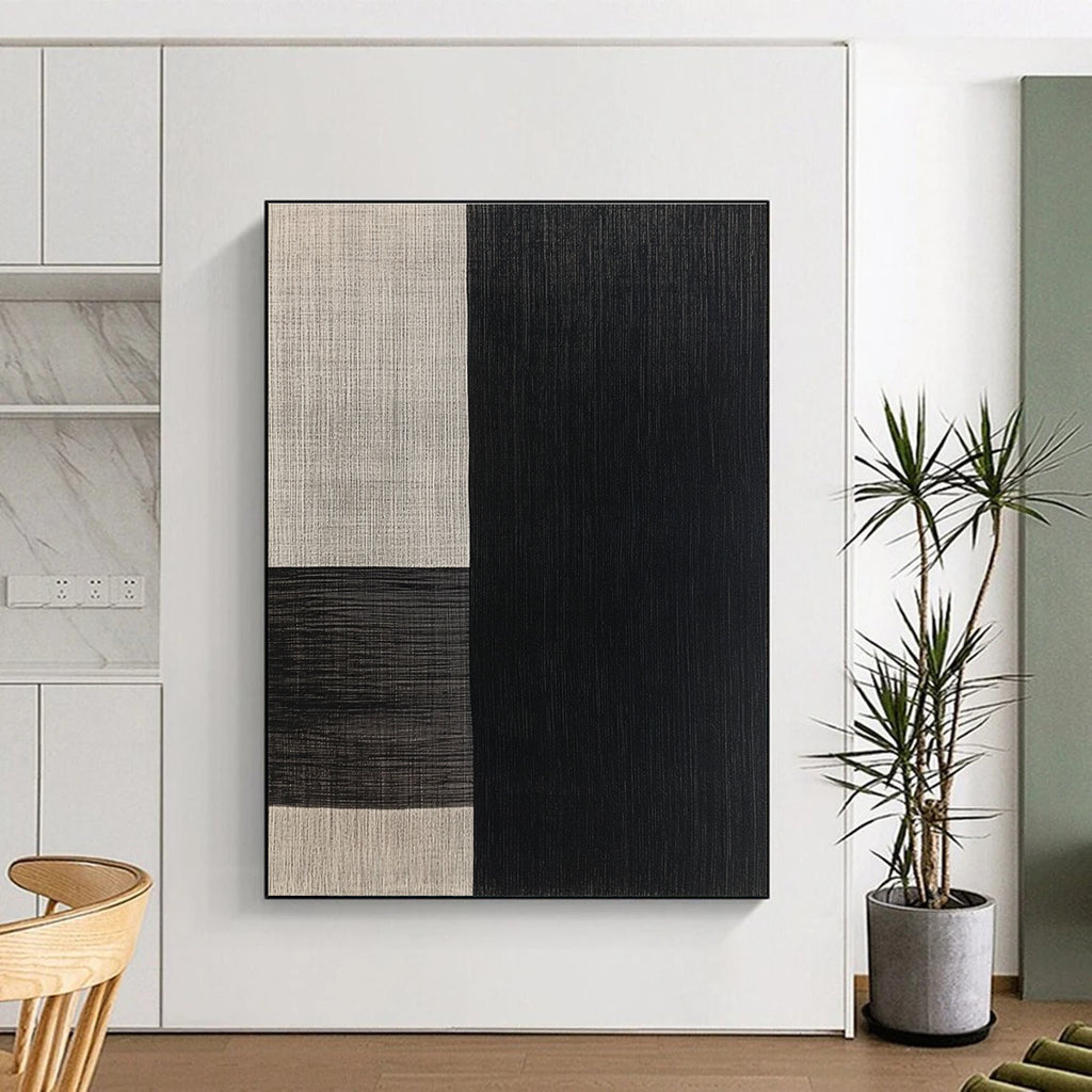 Black and Beige Textured Squares Abstract Painting with Woven - Like Patterns GER015