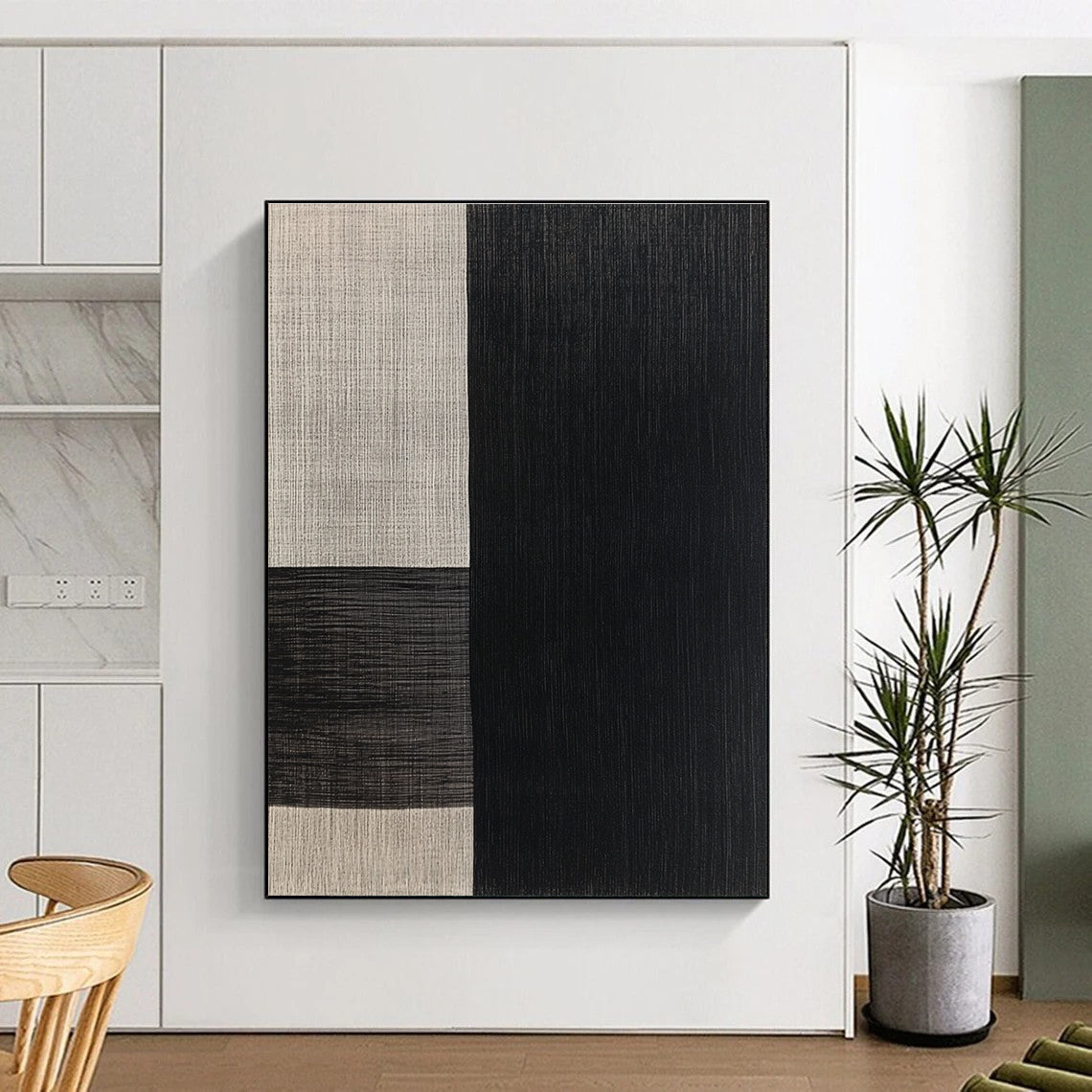 Black and Beige Textured Squares Abstract Painting with Woven - Like Patterns GER015