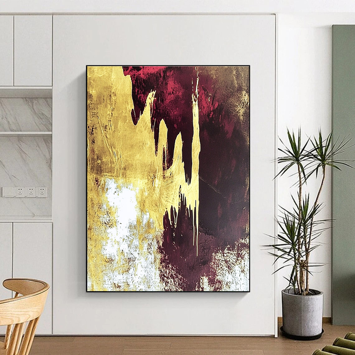 Gold and Burgundy Abstract Painting with Dripping Effects GER602