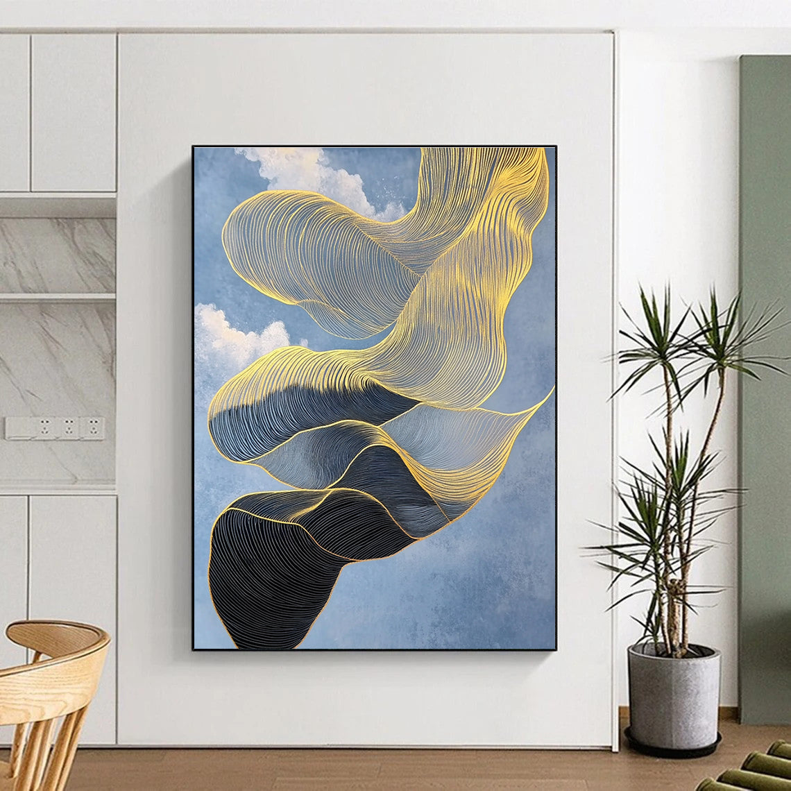 An Abstract Artwork Featuring An Elegant Gold And Black Scarf Floating Against A Crisp Blue Sky With Intricate Details And High Contrast.STSC1283