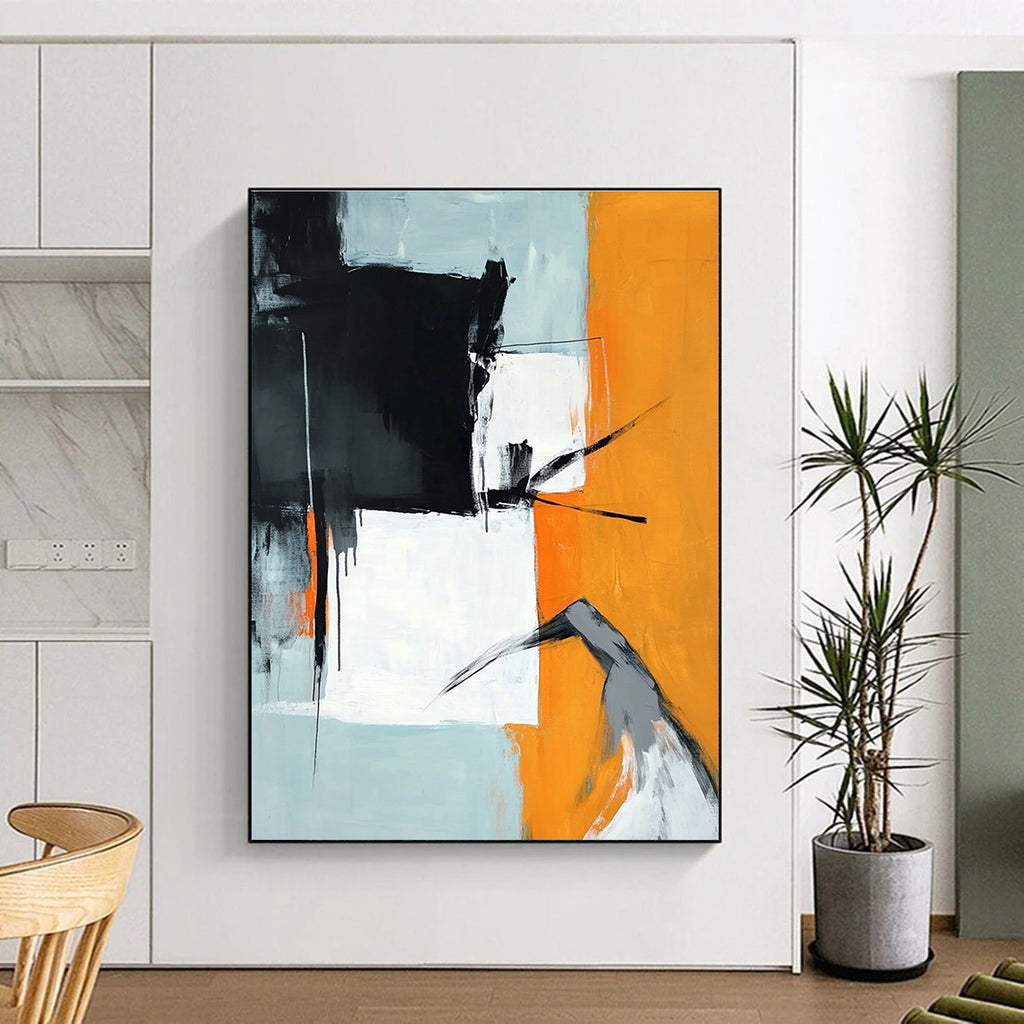 Large abstract painting in orange black and white featuring a grey figure reaching down against a light blue background.STSC725