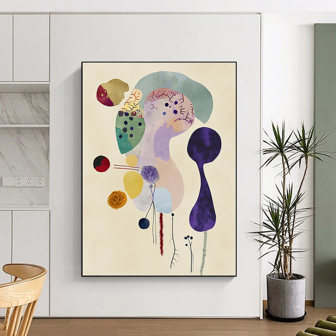 Large abstract fabric figure surrounded by soft pastels doodles wool yarns and watercolor washes on textured paper minimalist style in Matisse inspiration.STSC1351