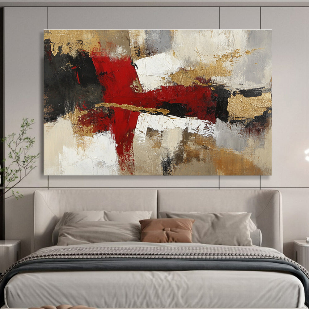 A large abstract painting with red white and brown tones featuring organic layers textures and a blend of realism and abstraction.SC381