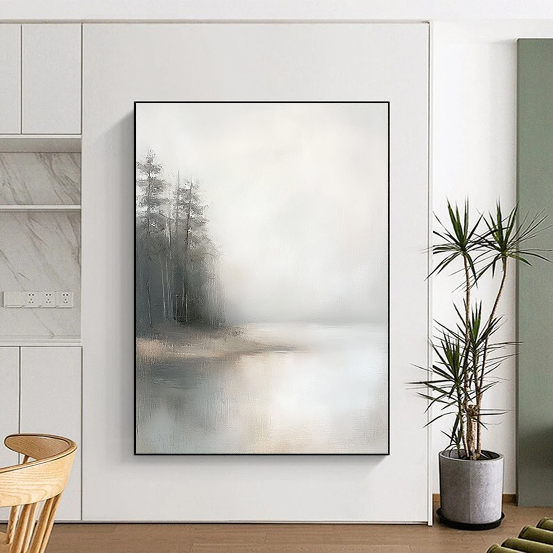 Large abstract painting featuring a minimalist composition with a foggy sky muted colors and distant pine trees on oil linen canvas.STSC089