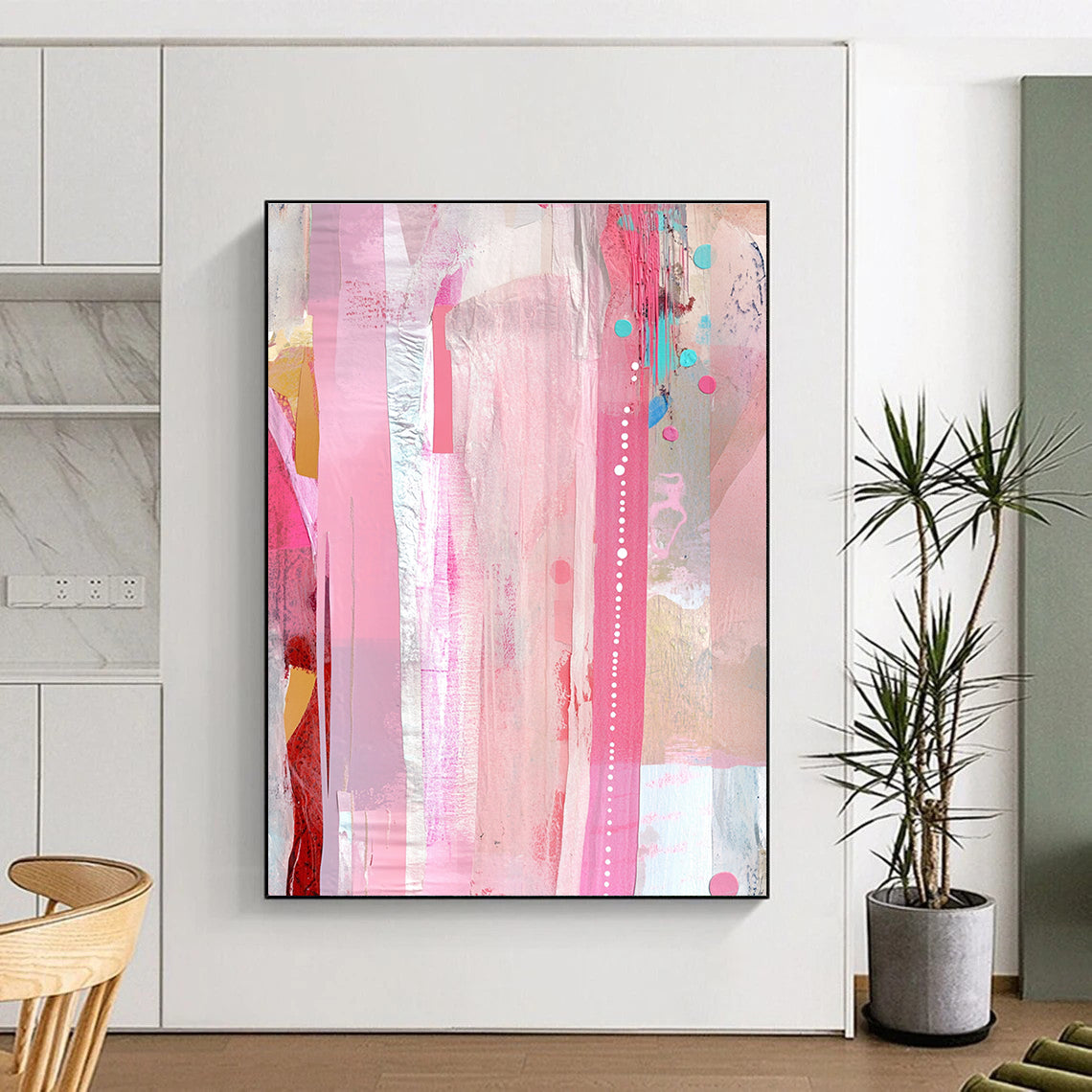 Pink and Colorful Abstract Painting with Vertical Stripes and Dots GER078