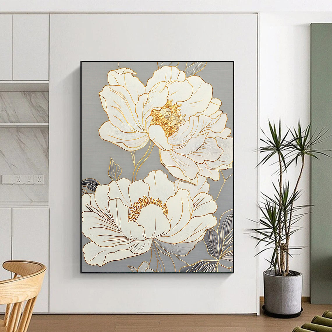 Large abstract painting featuring peony flowers with delicate lines glass texture and gold outlines on a light gray background.STSC1433