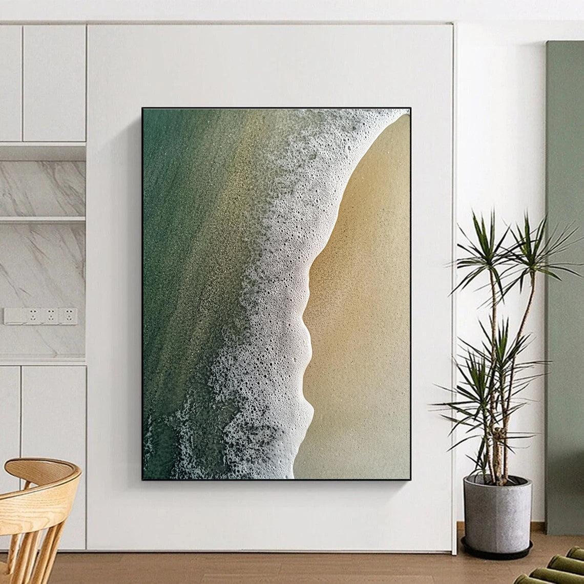 Large abstract painting capturing the meeting of sand and water with intricate pastel patterns and soft mist rising from the sea.STSC1410