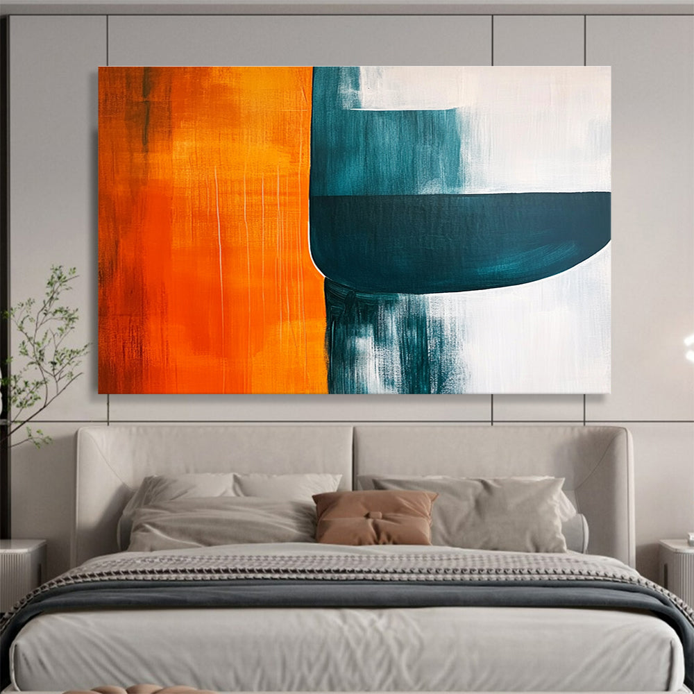 Large abstract painting featuring orange teal and grey shapes on a white background with negative space enhancing visual depth and minimalist style.SC249
