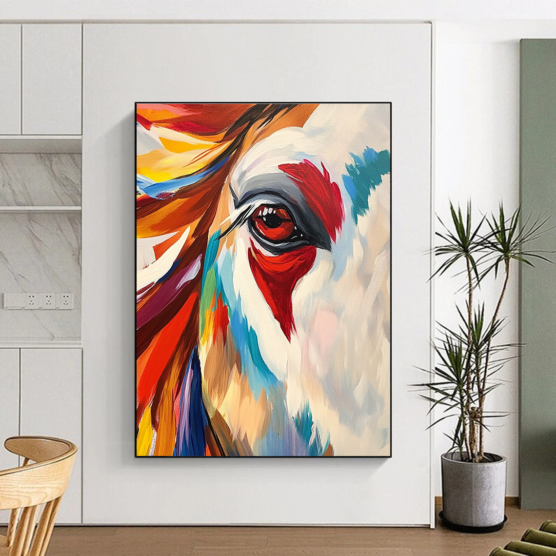 Large abstract painting featuring an Indian horse with vibrant colors bold brushstrokes and dynamic patterns showcasing strength elegance and intricate fur textures.STSC846