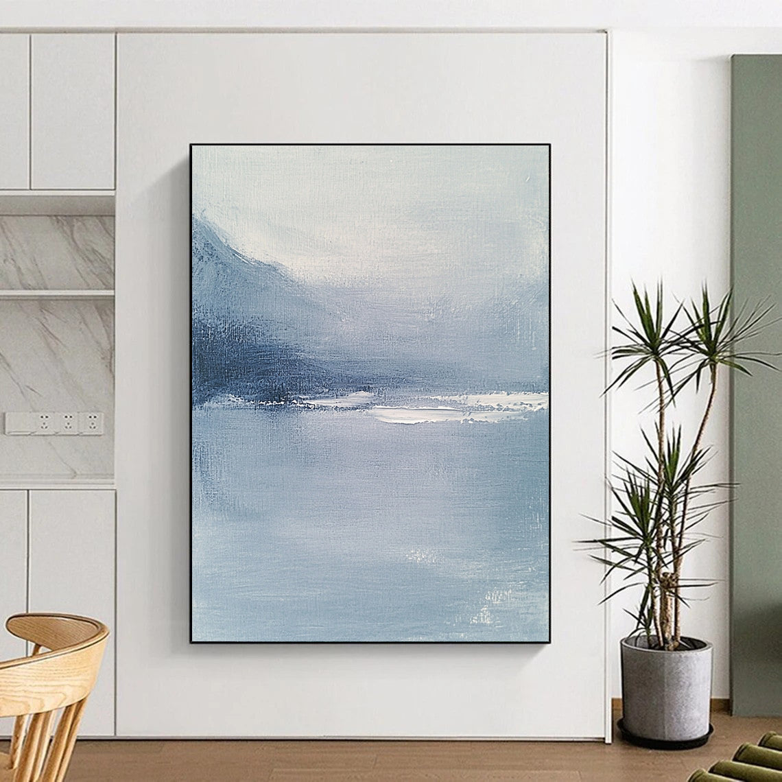 Abstract blue-gray sea artwork featuring a soft misty atmosphere inspired by Whistler's style designed to enhance any elegant space.STSC029