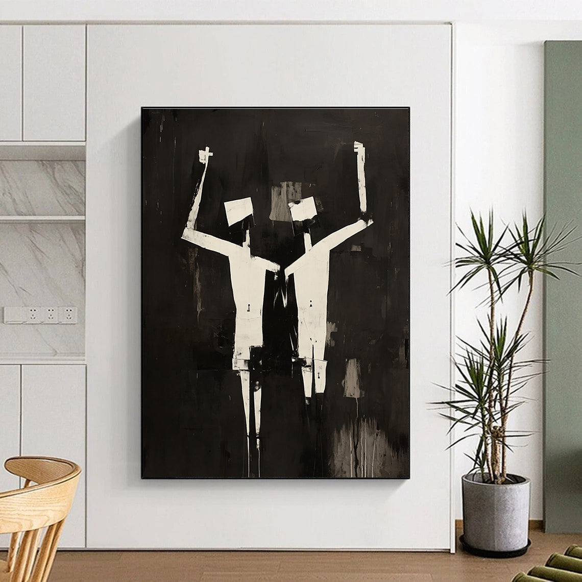 Large abstract painting featuring two figures in black and white oil, inspired by Robert Motherwell with cubist elements.STSC1145