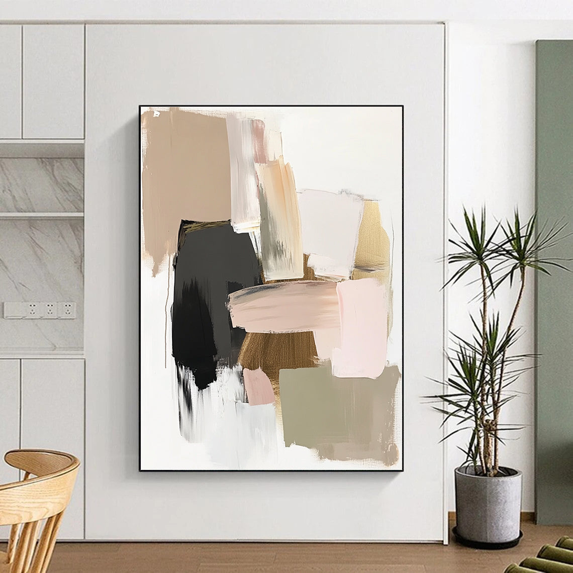 A large abstract painting featuring neutral tones with soft pinks and greens complemented by gold accents in a minimalist style.STSC619