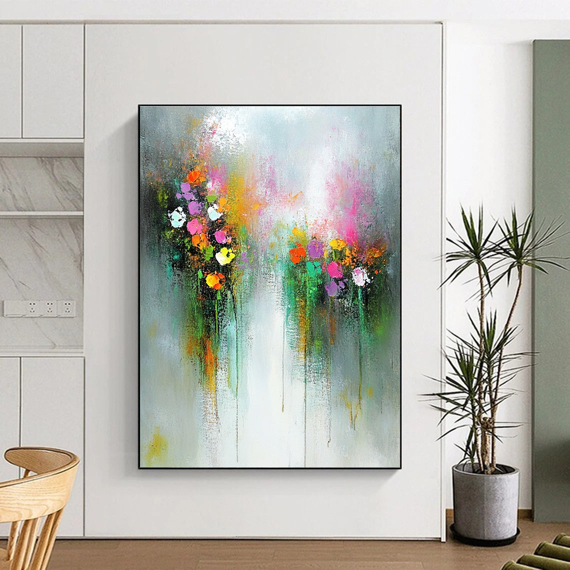 Large abstract oil painting of ethereal flowers in an enchanted garden featuring muted pastel colors on a white background.STSC182