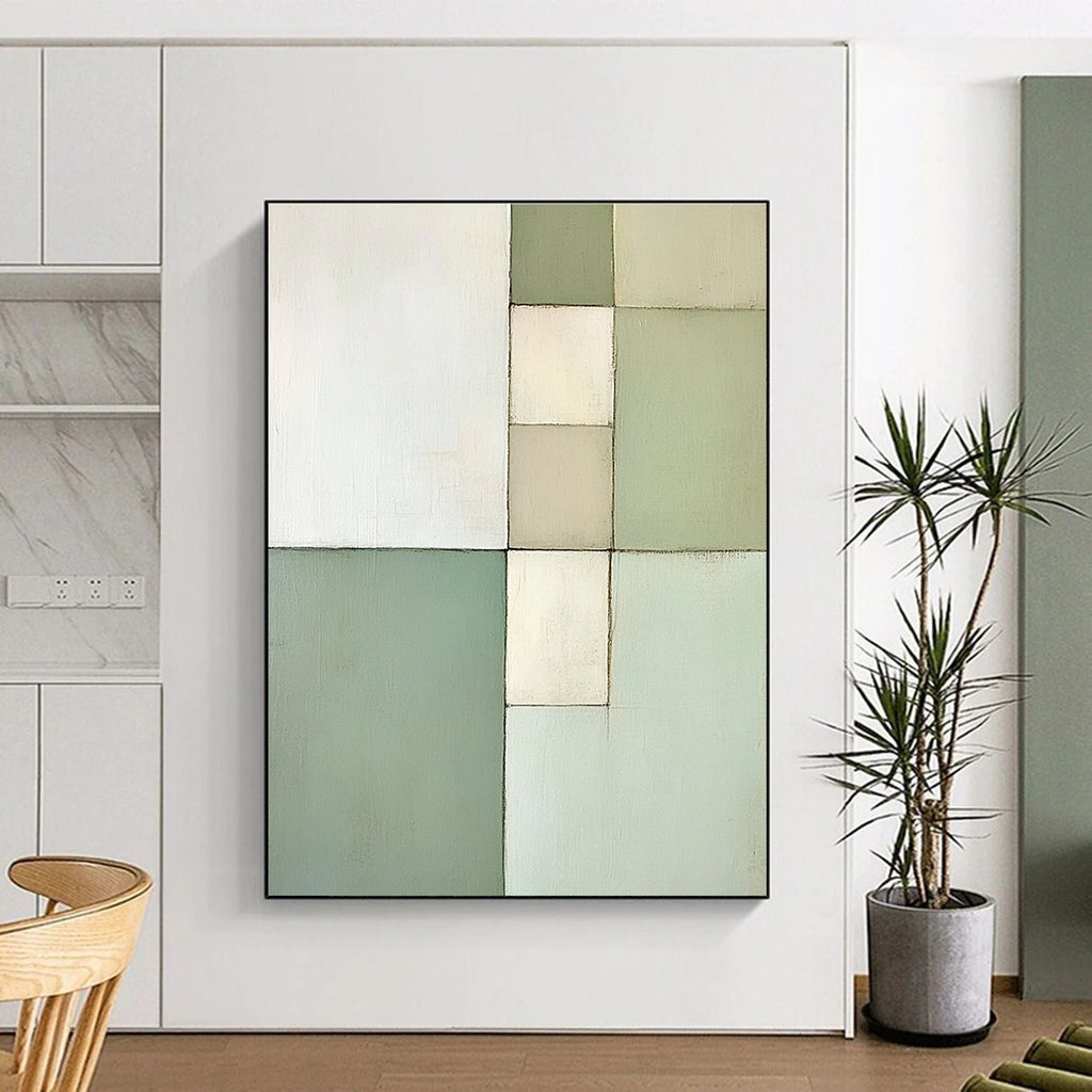 Green and White Abstract Painting with Geometric Harmony GER172