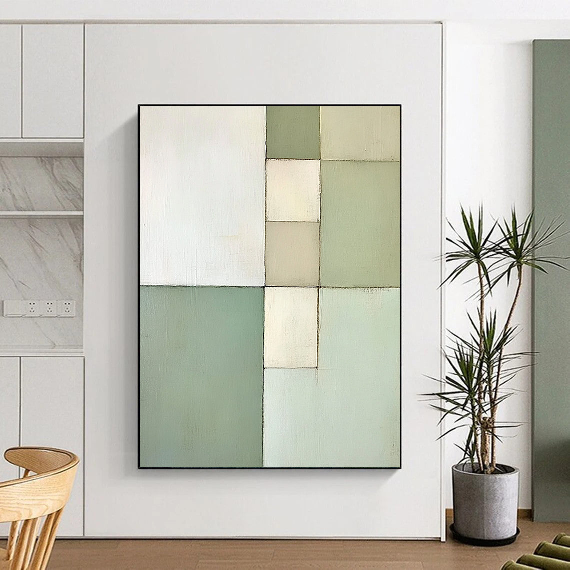 Green and White Abstract Painting with Geometric Harmony GER172