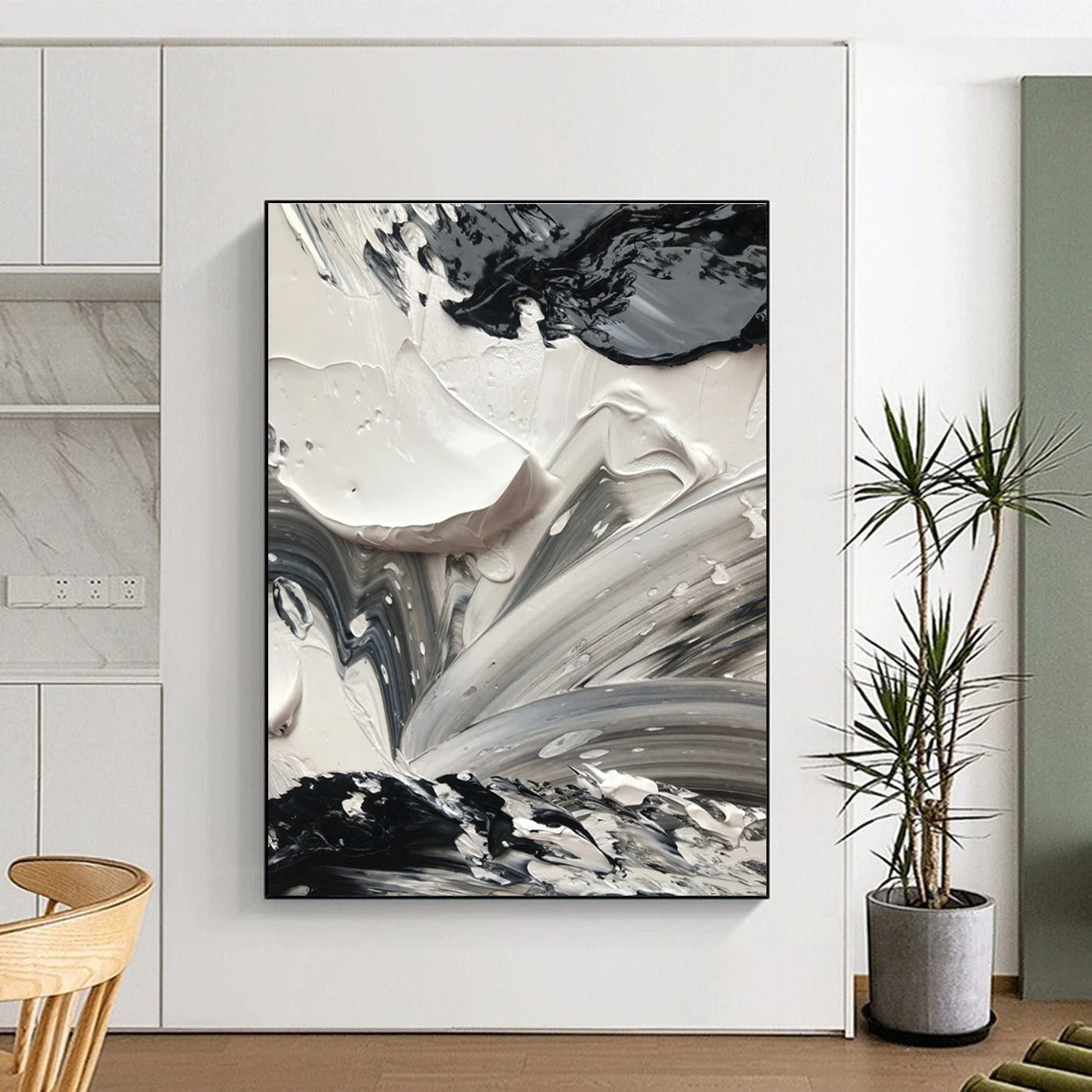 Black and White Impasto Abstract Painting with Dynamic Textures ADGE440
