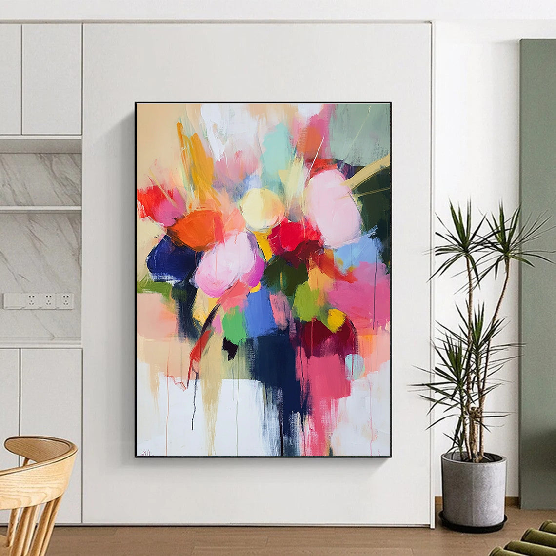 Large abstract painting with loose brush strokes in pastel colors featuring a vibrant floral vase and harmonious shapes conveying joy and optimism.STSC773
