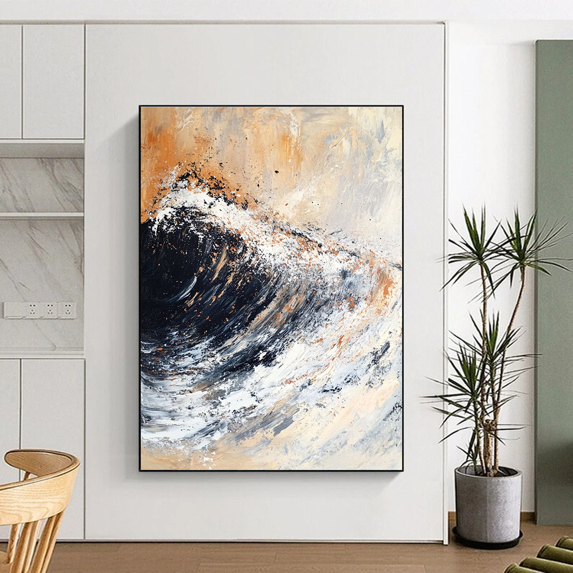 Large abstract painting featuring textured brush strokes of black and white with rusty orange and brown accents.STSC140