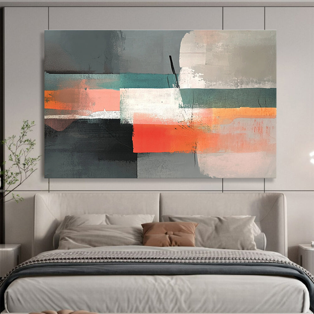 A large abstract painting featuring gray, peach, and teal colors with collage elements and low contrast for a serene atmosphere.SC374