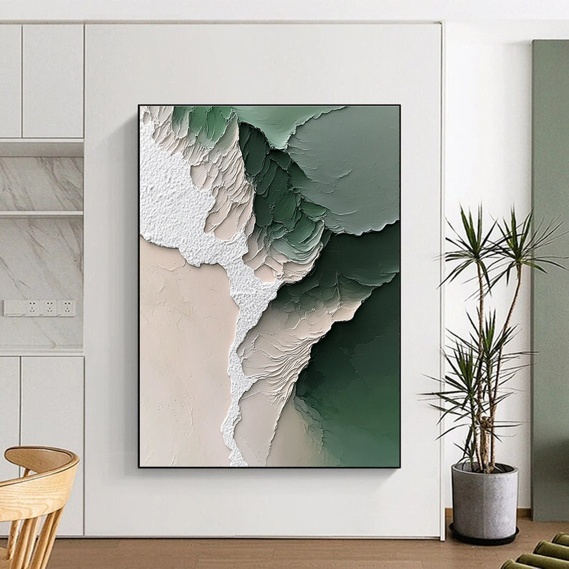 Large Abstract Painting Featuring a White Beach and Green Water with Impressionistic Brushstrokes and Dreamy Colors Capturing Nature's Beauty.STSC1246