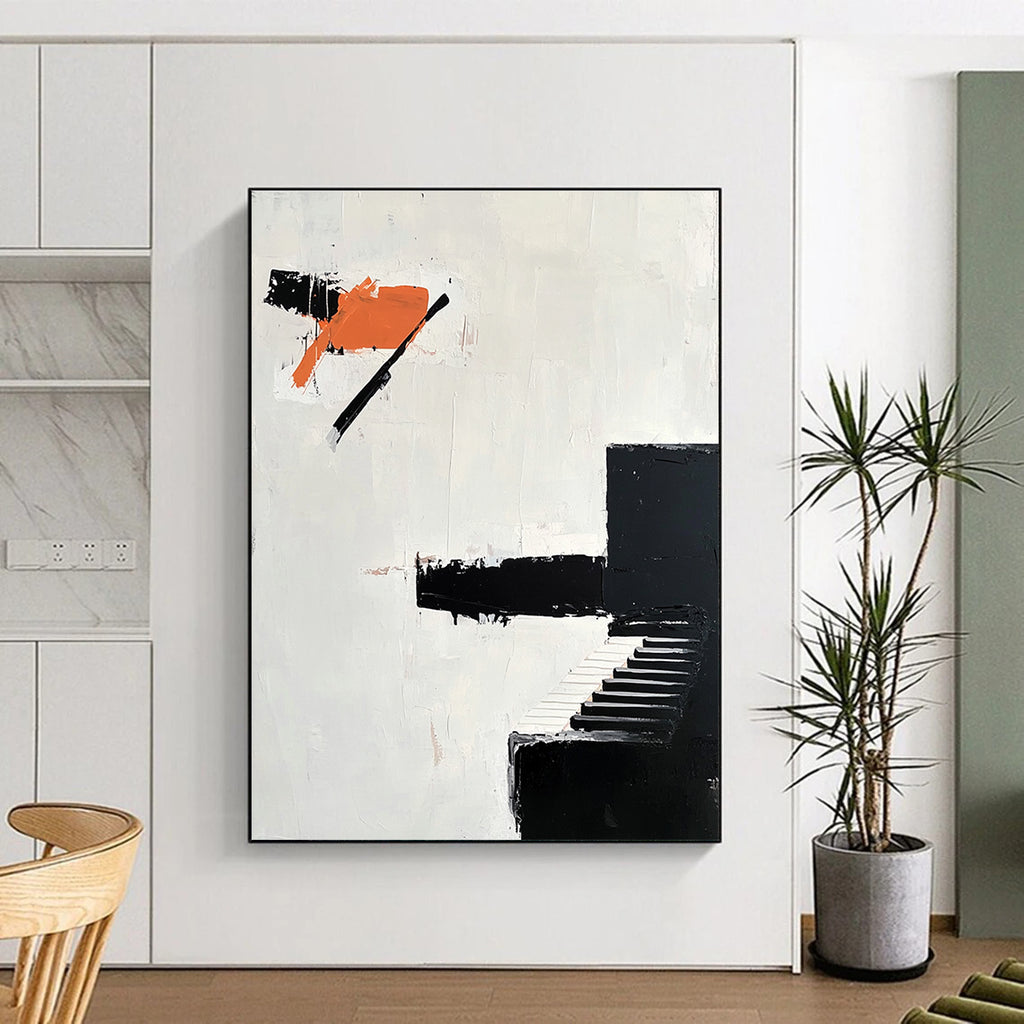 Abstract oil painting featuring bold impasto brush strokes with a minimalist design including an abstract black piano and orange shapes.STSC1089