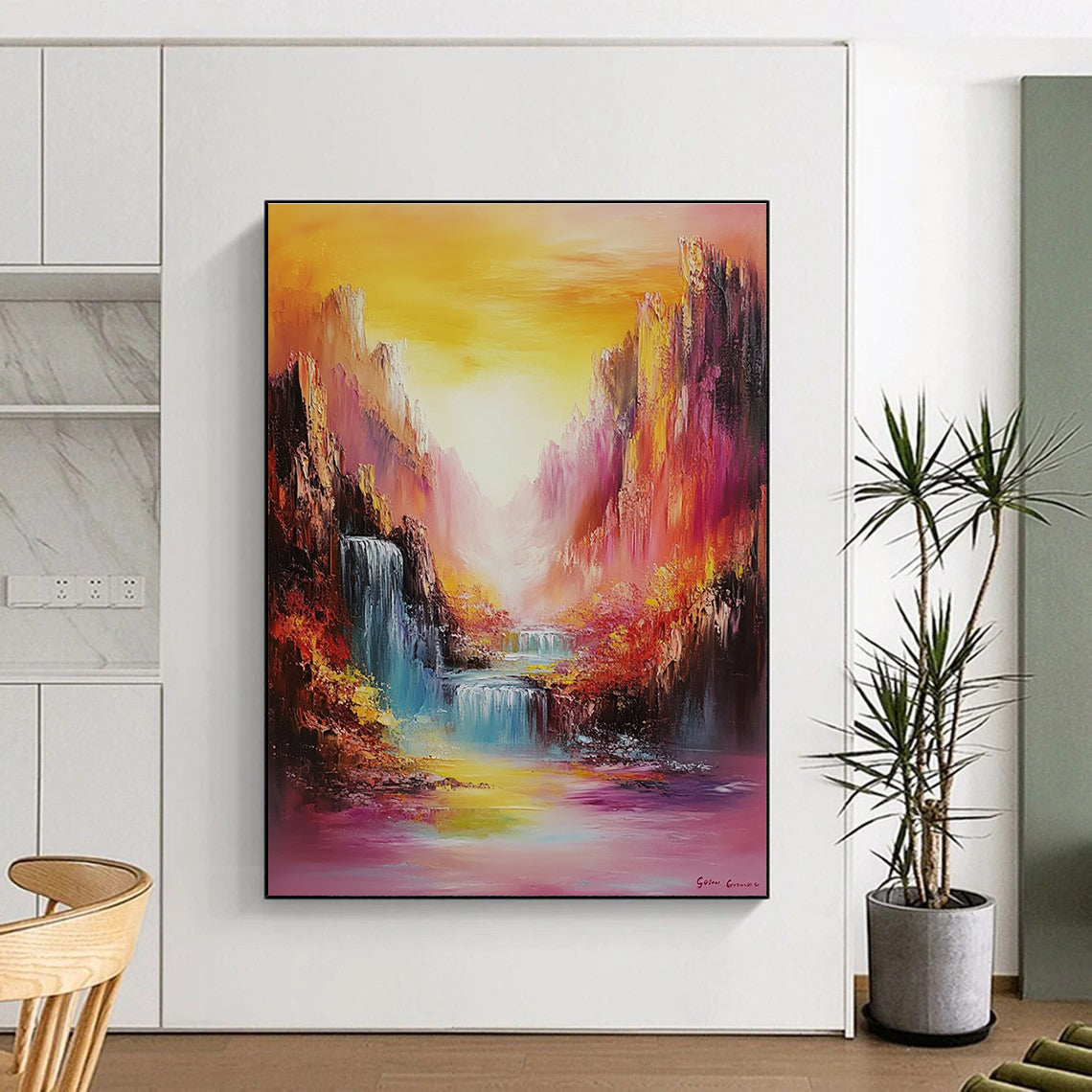 Large abstract oil painting featuring vibrant mountains and waterfalls in rainbow colors with bold brush strokes and a dreamy golden hour landscape.STSC1374