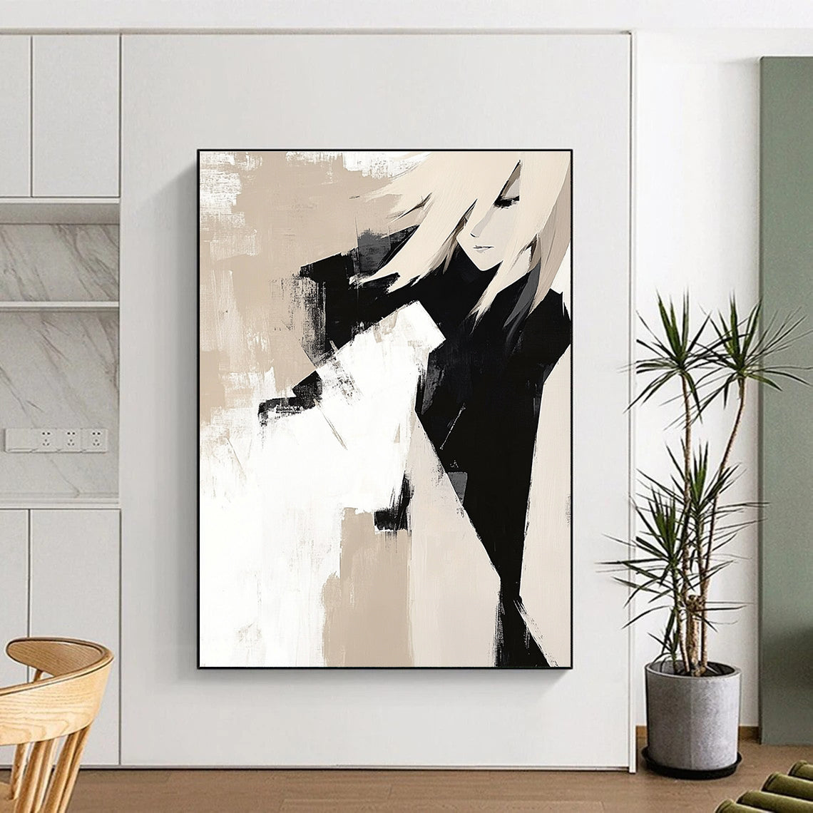 Large abstract painting featuring beige and black blocks on white background with textured layers and strong lines embodying minimalist elegance.STSC408