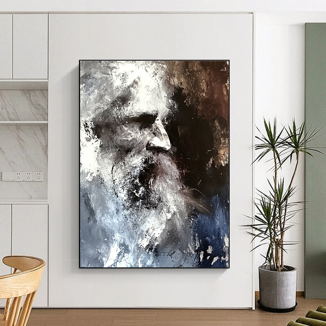 Large abstract painting in shades of grey and white featuring a blurred portrait of an old man with disheveled hair against a dark background.STSC229