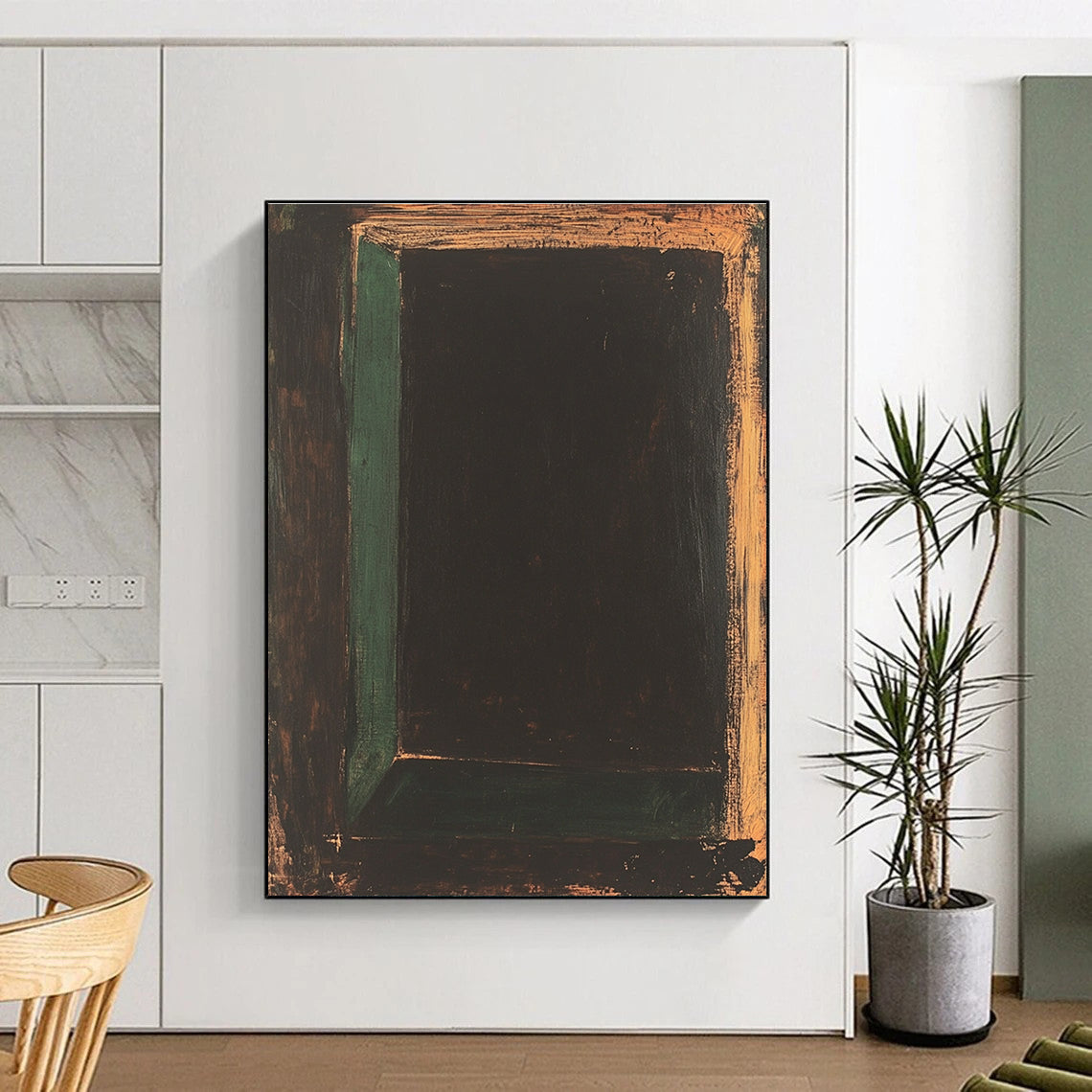Large abstract painting of an empty black rectangle in expressionist style, featuring thick brush strokes with dark green and brown tones.STSC864