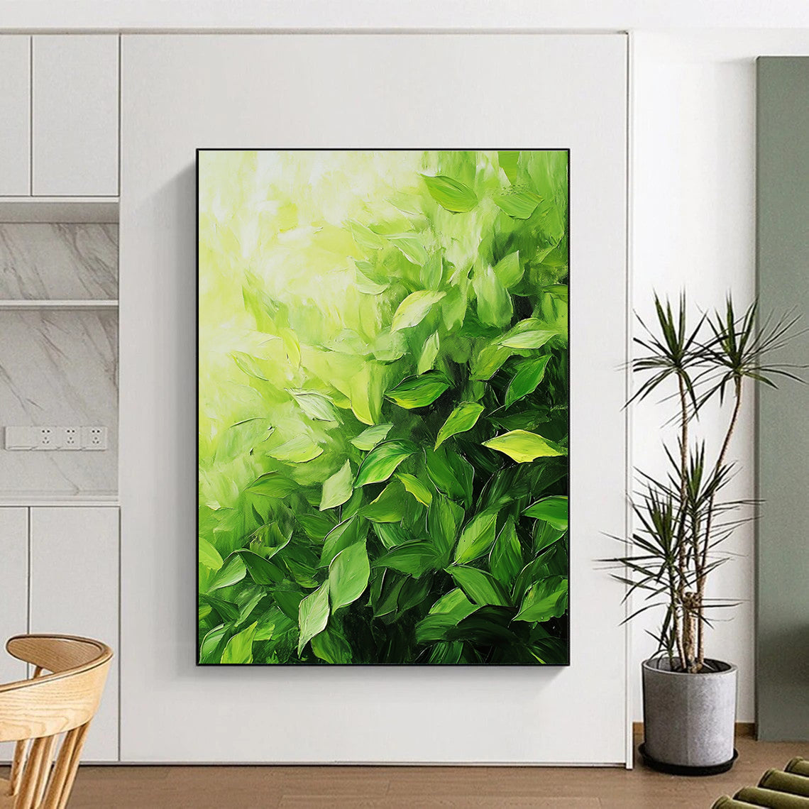 A large abstract painting of lush green tea leaves with thick brush strokes showcasing vibrant colors and dynamic composition.STSC1051