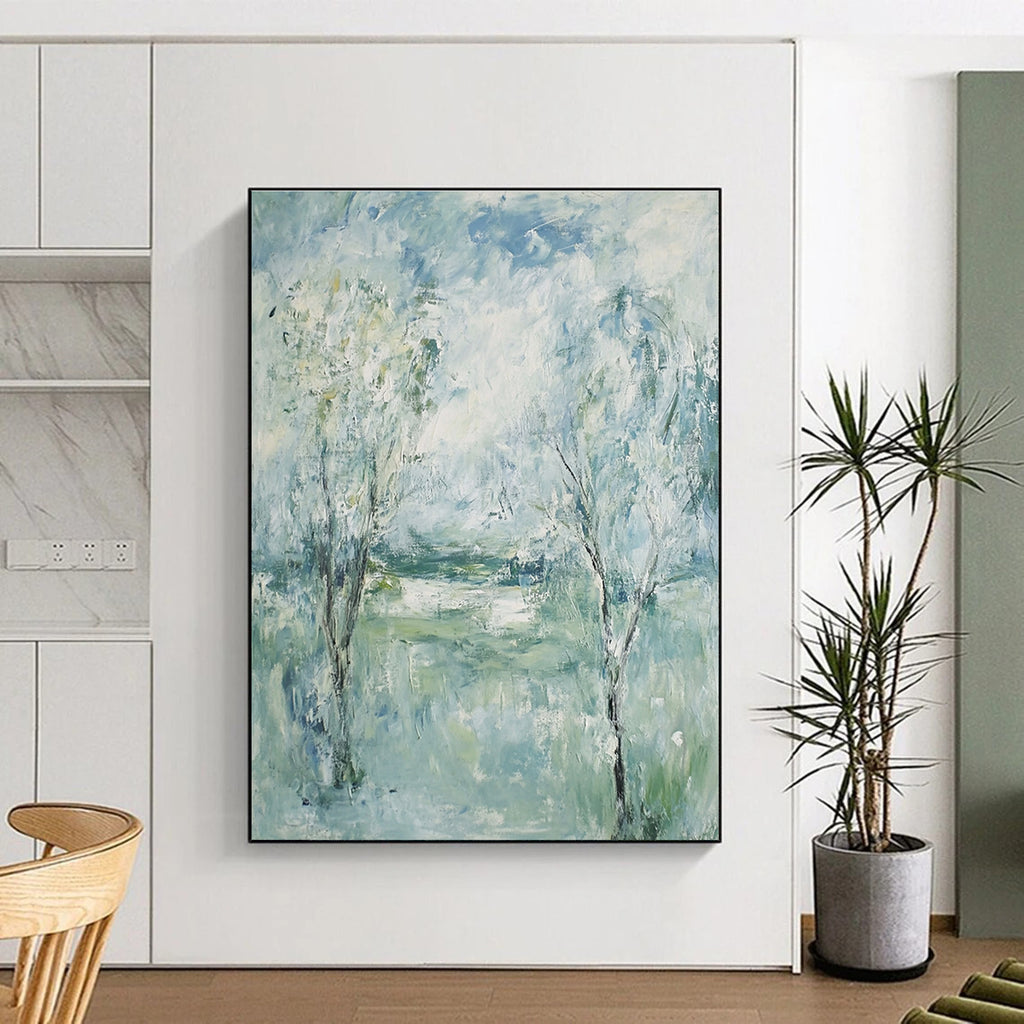 Large abstract painting featuring trees and grass under a blue sky with green and white clouds in an Impressionist style.STSC352