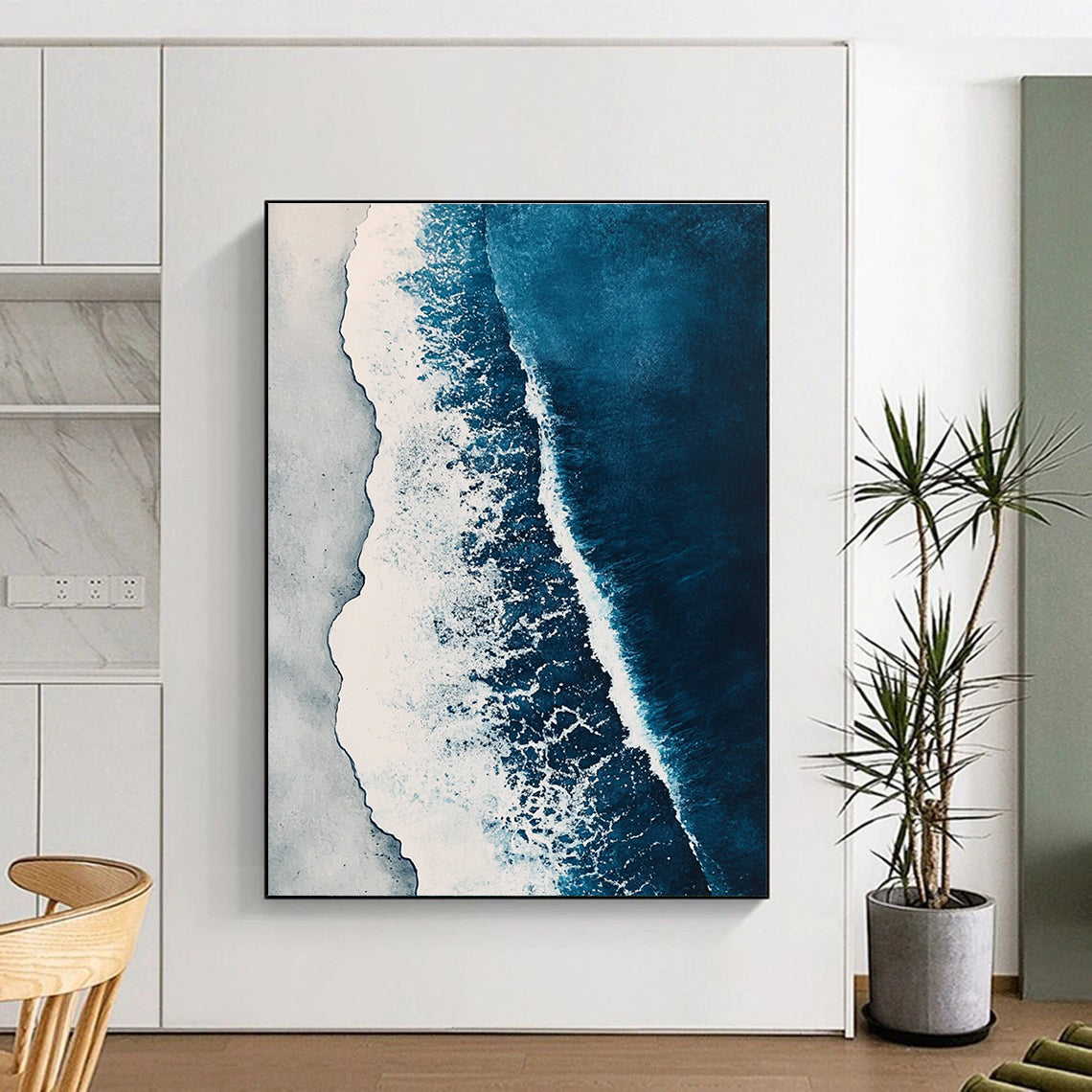 Abstract painting featuring ocean waves in shades of blue and white with elegant brushstrokes and a watercolor aesthetic in high-resolution detail.STSC531
