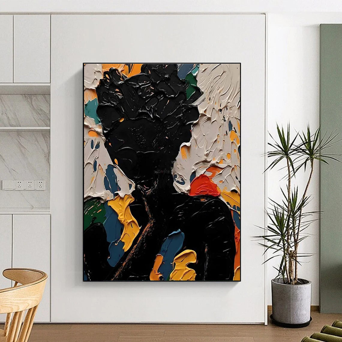 Black Figure Abstract Painting with Colorful Background Textures ADGE308