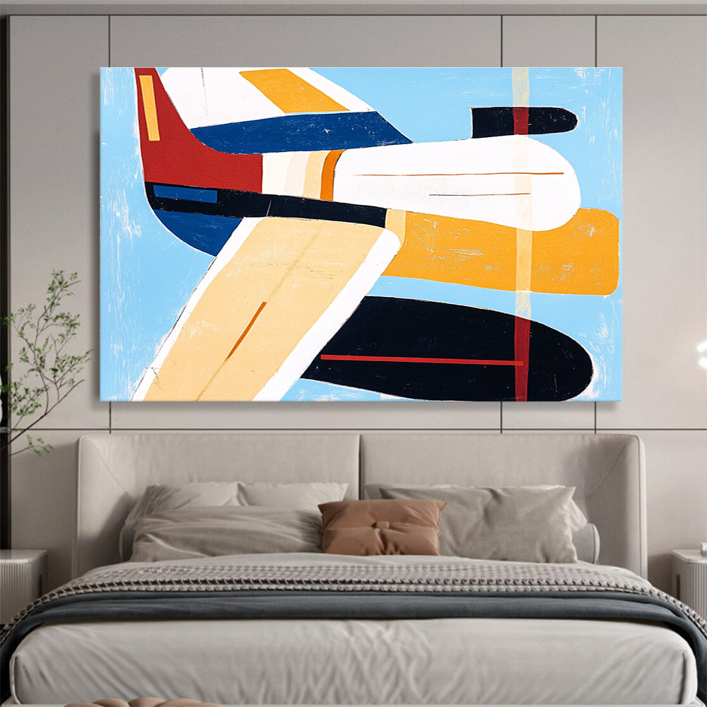 Large abstract painting of an airplane with bold lines and vibrant colors including blue, red, yellow, and orange in the style of Mary Blair.SC040